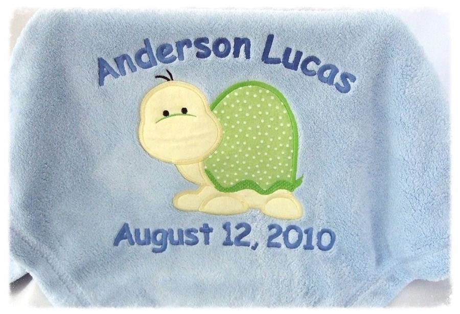 Personalized blue baby blanket & turtle applique TMF1001