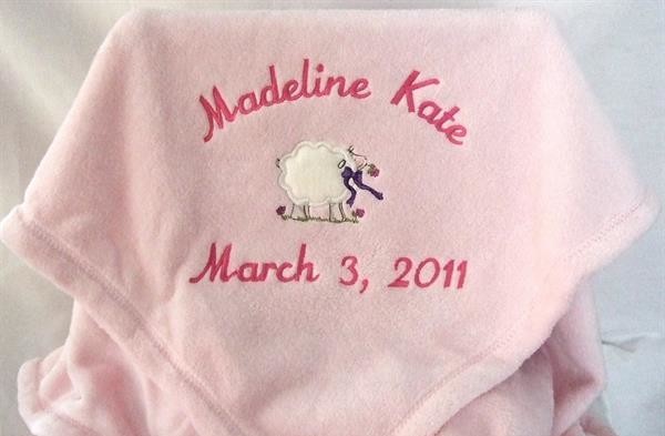 Personalized  pink baby blanket with lamb applique TMF1003