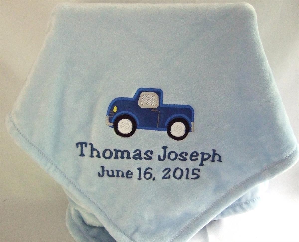 Personalized blue baby blanket truck applique TMF1005