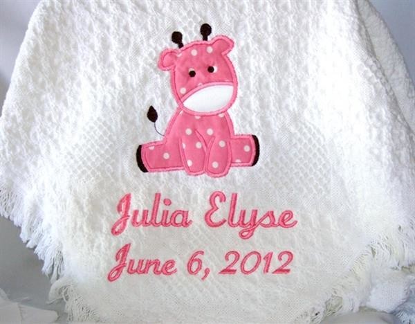 Personalized white woven hearts baby blanket with pink giraffe applique BWH1002