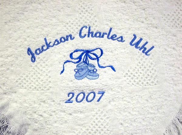 Personalized white woven hearts baby blanket with blue booties BWH1001