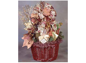 Burgunday gift basket bursting with chocolate, pecans, cookies, cheese and crackers.