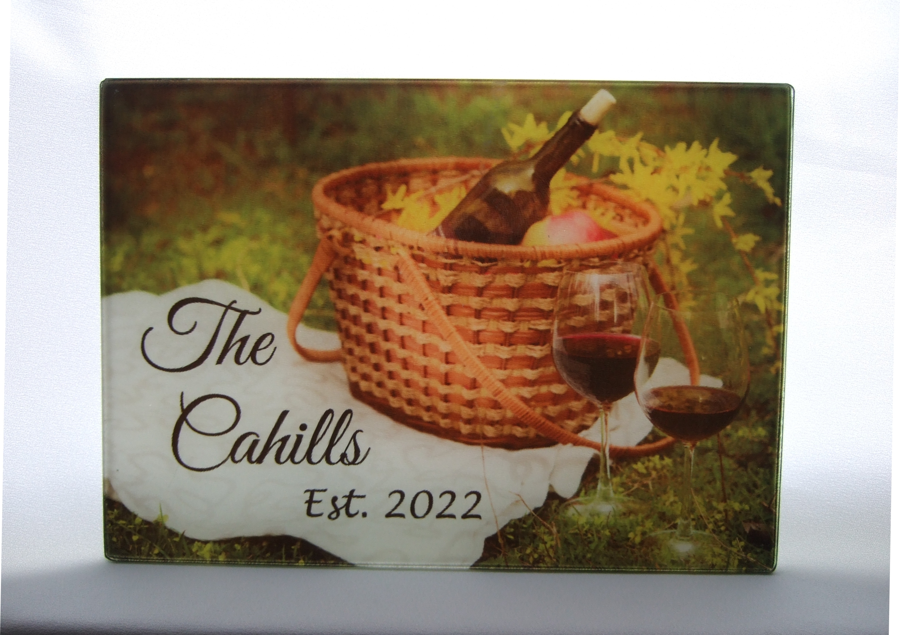 Personalized glass cutting board with wine and picnic basket theme GCB1010