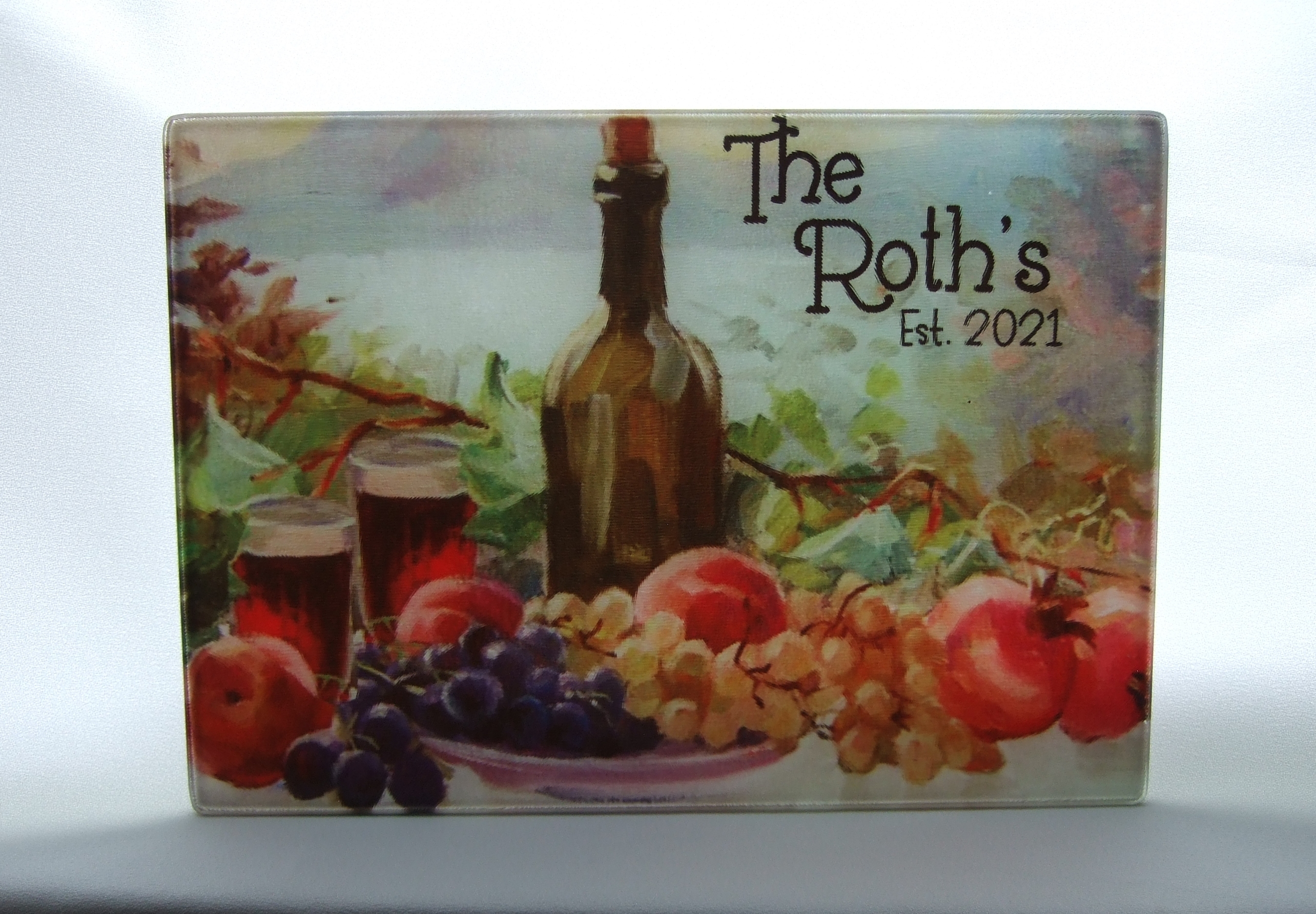 Personalized glass cutting board with wine and fruit theme GCB1009