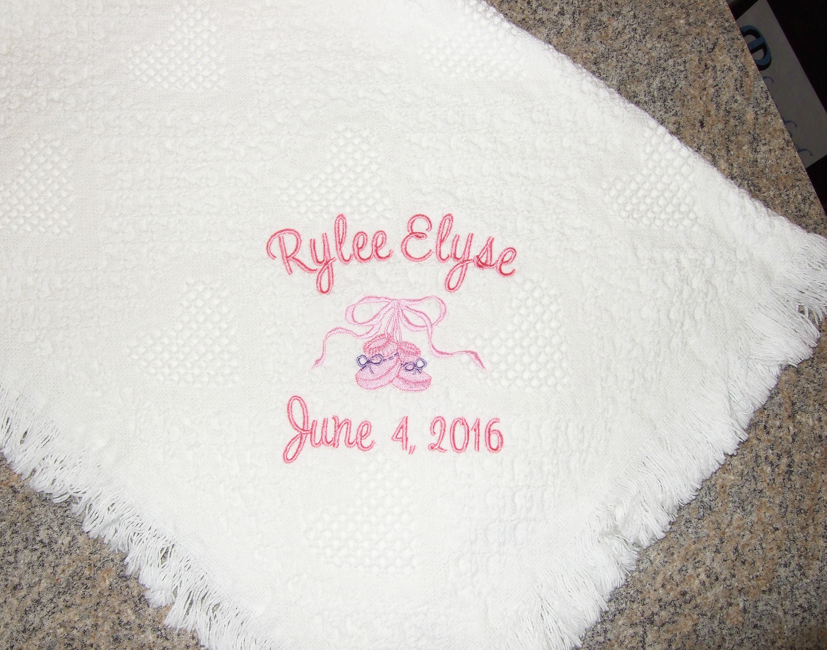 Personalized white baby blanket  with baby booties BWH1000