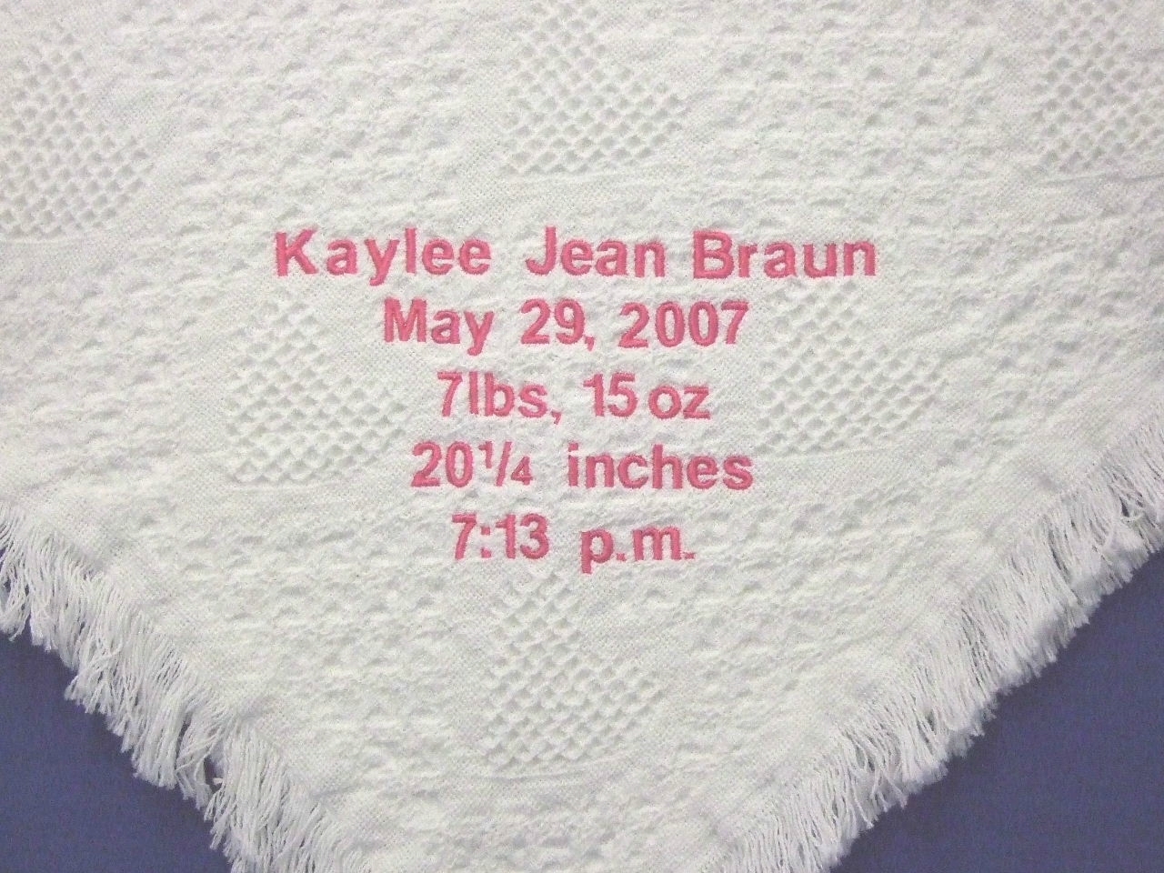 Personalized white woven hearts baby blanket with baby's birth details BWH1003