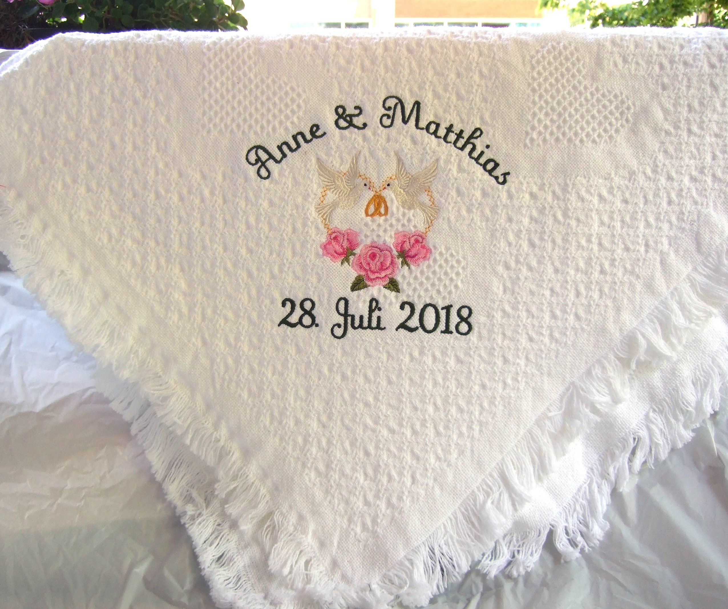 Doves and roses white woven hearts wedding blanket ​WHB2000