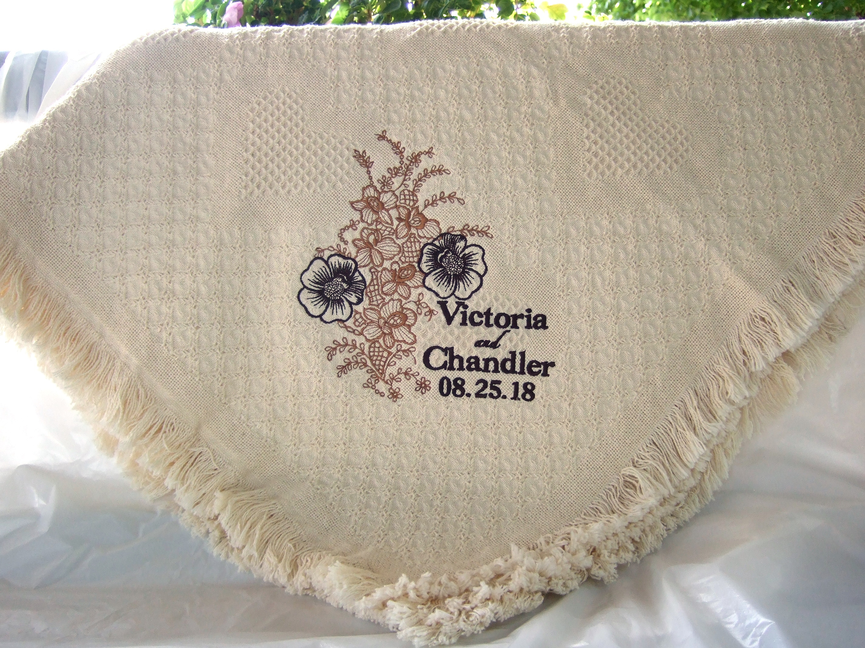 Personalized wedding blanket with open floral design and bride and groom WHB2006
