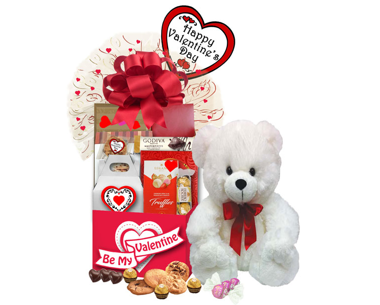 Image Valentine's Day Gift Basket with teddy bear and balloon