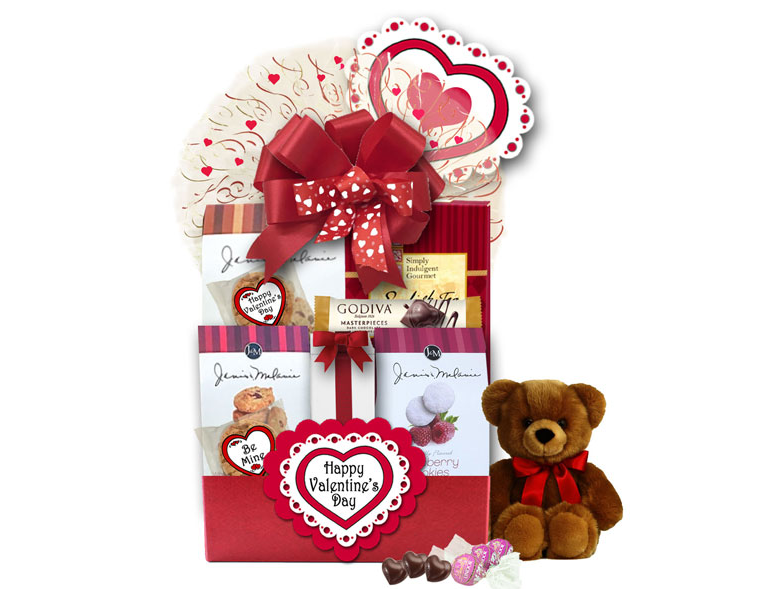 Image Valentine Gift Basket filled with sweet treats and a teddy bear