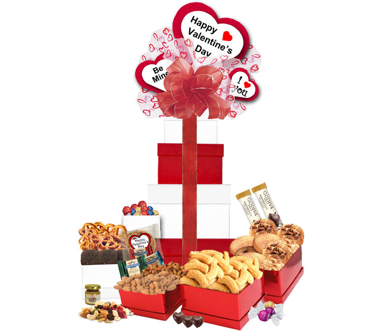 Image Red and White Valentine tower filled the a deluxe assortment of treats