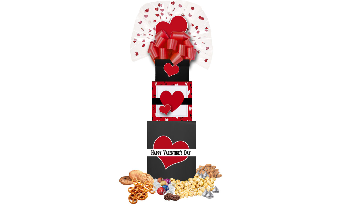 Image Red and Black Valentine Boxes filled with sweet and savory Valentine Treats