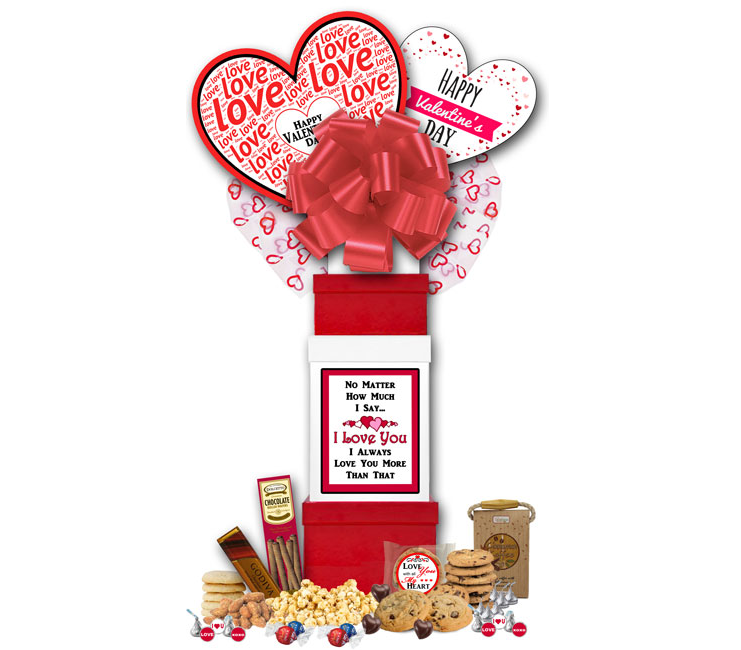 Image Red and White gift boxes with Valentine Love message on box and balloons, filled with chocolate, sweet and savory