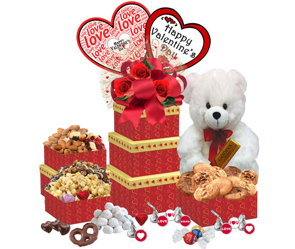 Image Red Heart gift tower with teddy bear, balloons and assorted sweet valentine's day treats