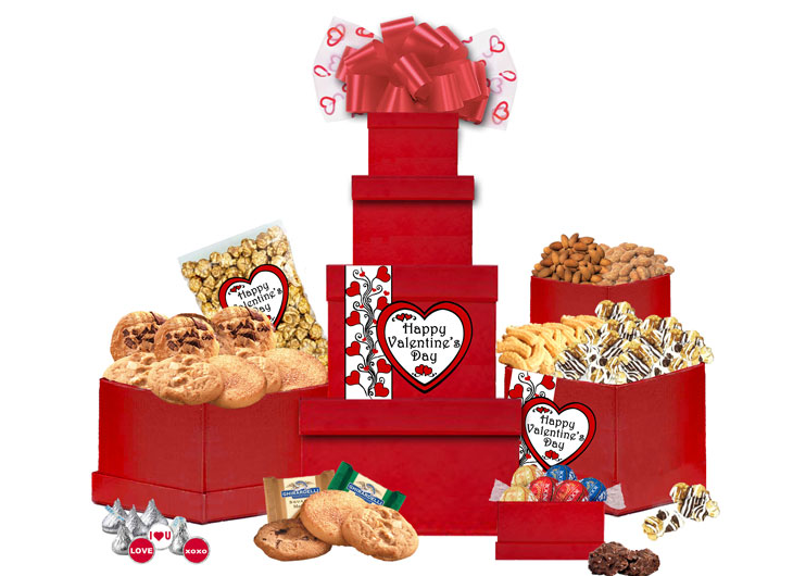 Image Red Valentine gift boxes filled with sweet and savory treats.