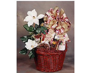 Cookies, coffee and chocolate filled gift basket.