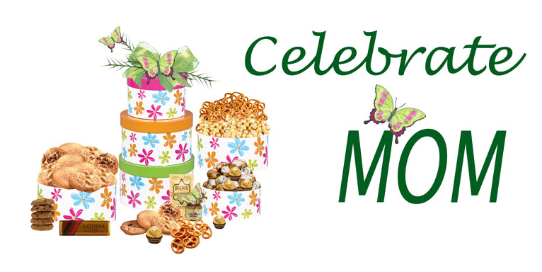 Celebrate Mom Mother's Day floral gift tower filled with sweet treats.