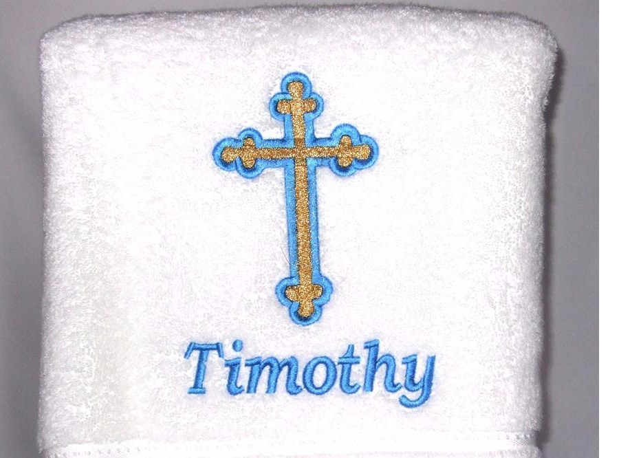 Baptismal towel with rounded end cross and baby name