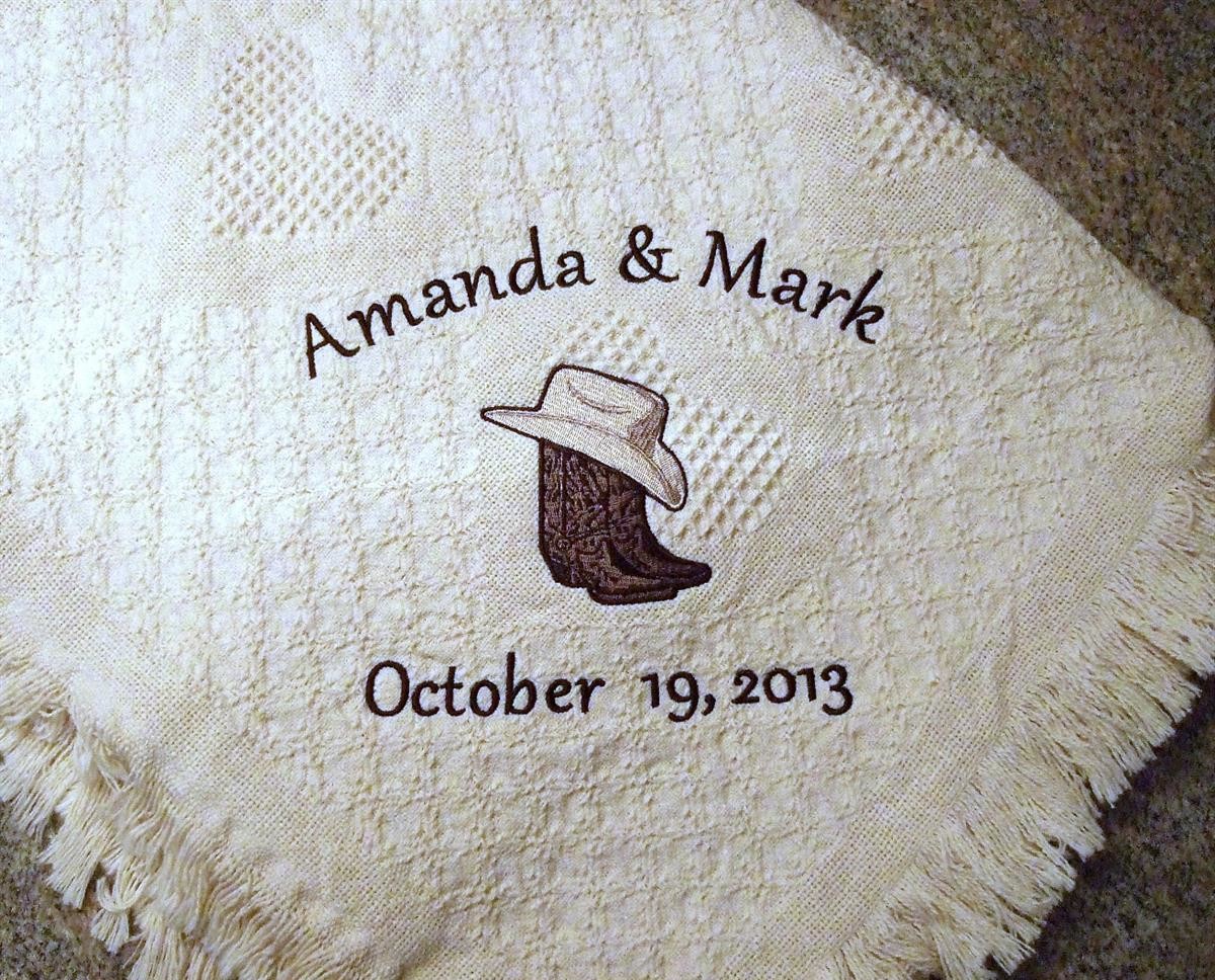 Personalized wedding blanket with cowboy boots