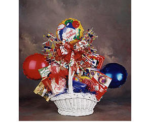 Gift Basket with balloons and gourmet sweets.