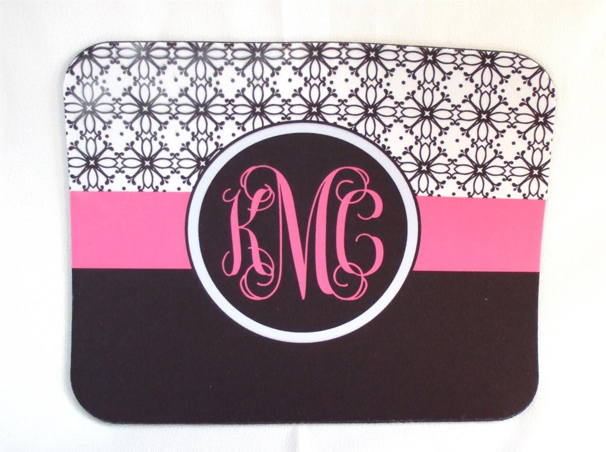 Black and white floral print with pink accent mouse pad