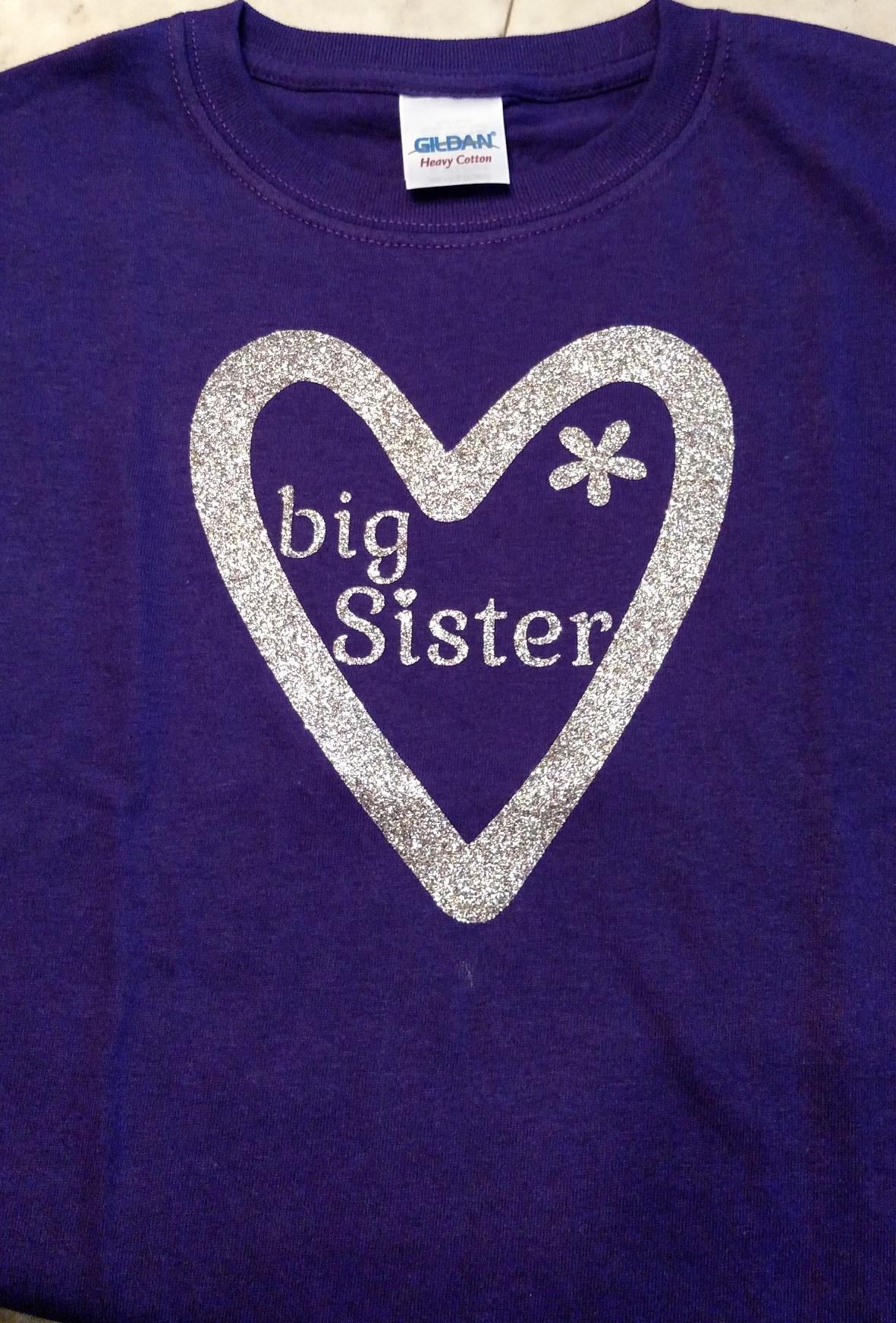 Purple custom youth  tee with glitter heart and big sister