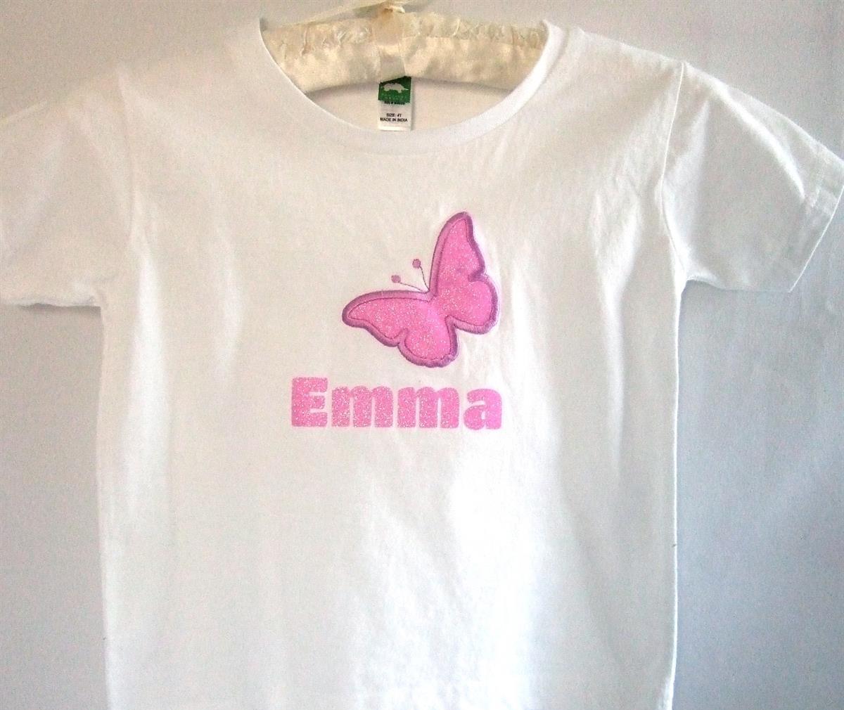 White custom youth tee with butterfly &  glitter name